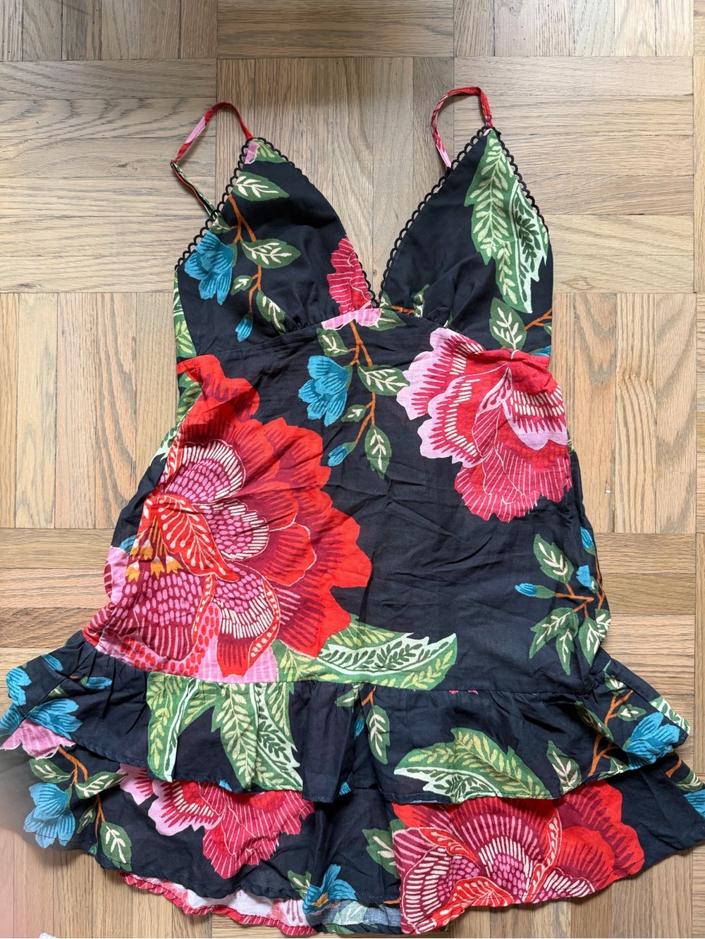FARM Rio Black Slip Dress with Red, Pink & Green Floral Print